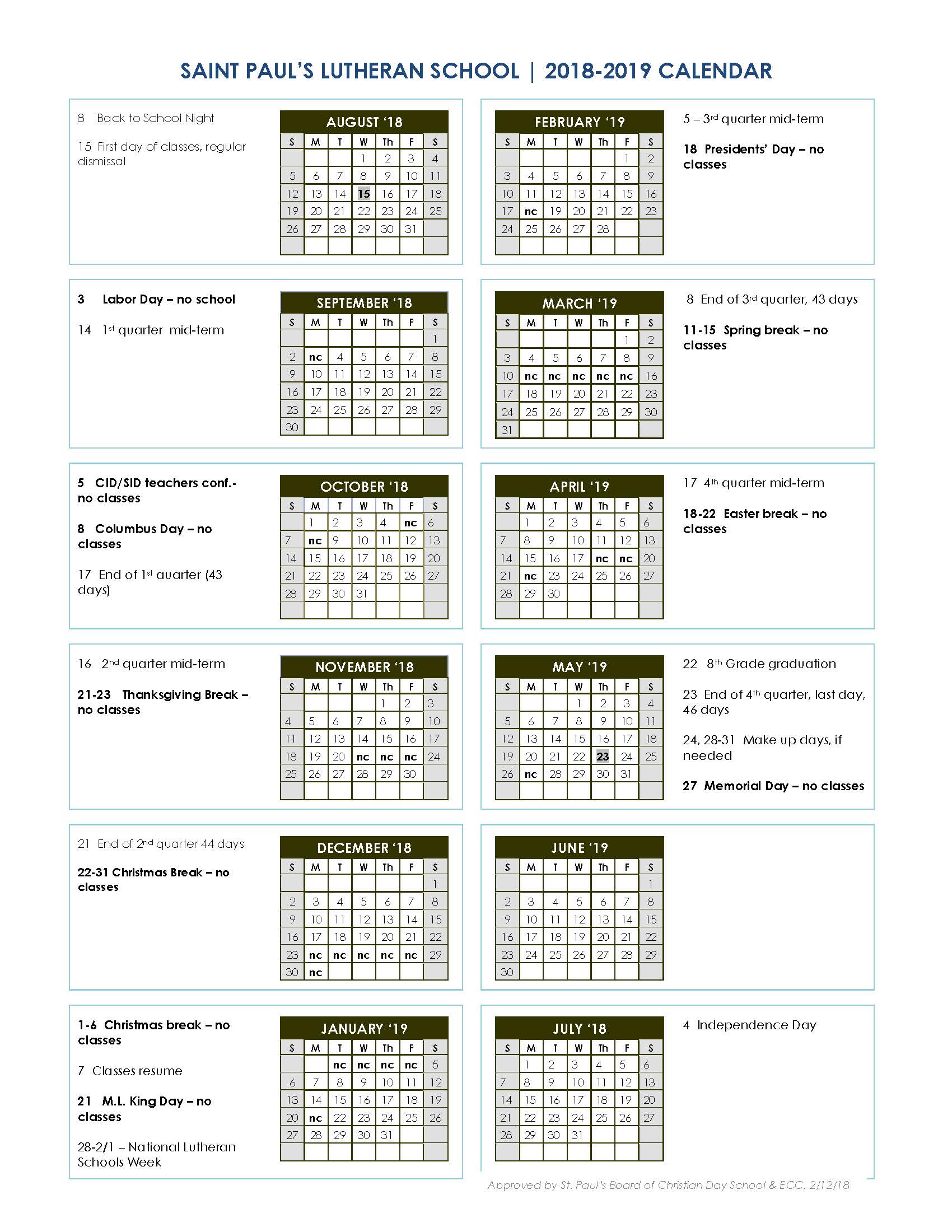 2018 19 school calendar Saint Paul s Lutheran
